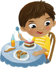 cartoon scene with boy eating tasty dessert illustration for kids