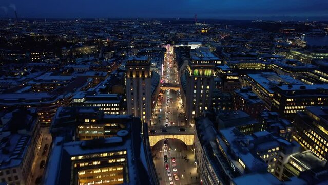 Aerial video in the evening over the capital city of Stockholm, Sweden