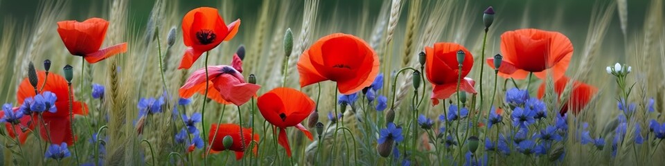 Panoramic banner with red poppy and blue cornflowers on meadow in summer, horizontal flower border, AI generative - obrazy, fototapety, plakaty
