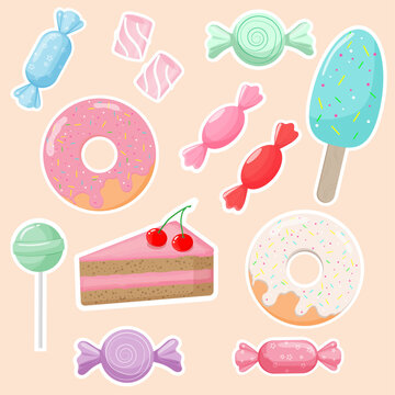 A set of pictures with sweets, ice cream, cake, marshmallow, candies, donut. Vector illustration