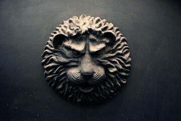 The sculpture of the head of a lion decorating an old wall. Detail shot.
