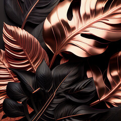 Black and rose gold colors tropical leaves, realistic, detailed, Generaive AI