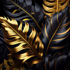 Black and gold colors tropical leaves, realistic, detailed, Generaive AI