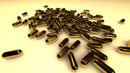 Abstract pile of objects that look like golden pills or bullets. 3D reneder. Omega capsules, gelatin capsule. - 584054764