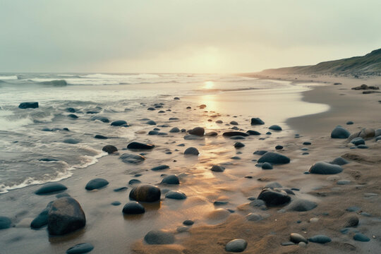 A serene beach with crashing waves and rocks in the sand wallpaper landscape made by generative ai