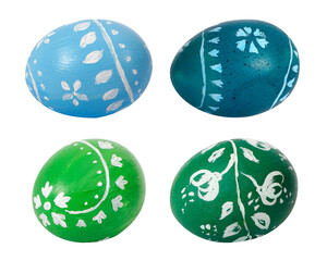 Blue and green easter eggs isolated on white background