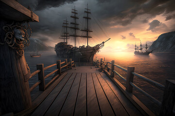 Pirate port overlooking old sailing ships in sea at sunset, generative AI