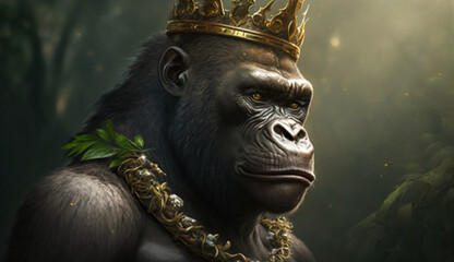 Fototapeta na wymiar gorilla king with a crown on his head and a forest in the background, Generativa Ai