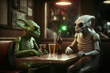 Zwei Aliens trinken Bier in einer Kneipe. Außerirdische auf der Erde unterhalten sich im Restaurant. Generativ AI 