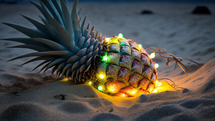Festive illuminated pineapple on sandy beach. Generative AI