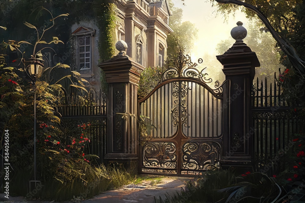 Poster an iron mansion gate, surrounded by a lush garden, with a view of the house in the distance, created with generative ai