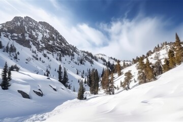 Fototapeta na wymiar Serene Snowy Mountain Landscape, Perfect for Winter Getaways, Generative AI