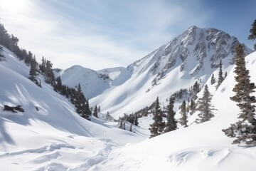 Fototapeta na wymiar Serene Snowy Mountain Landscape, Perfect for Winter Getaways, Generative AI