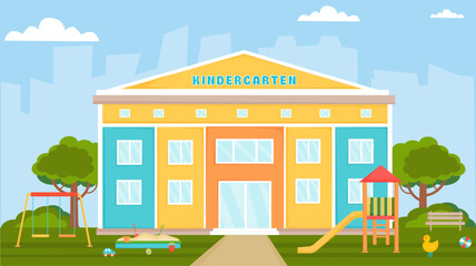 Kindergarten building with playground. Kindergarten exterior. Preschool building front view on landscape background. Nursery school. Kindergarten building facade, flat vector illustration.