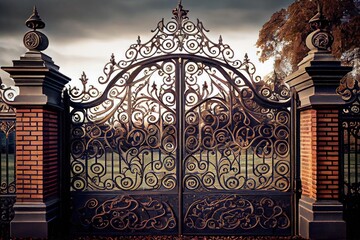 iron gates, with gothic-inspired embellishments and intricate detailing, lead to solemn yet beautiful estate, created with generative ai