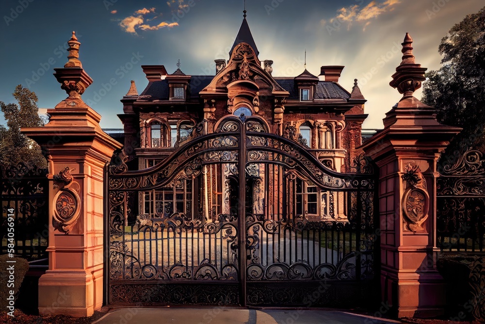 Poster majestic iron gates, with intricate detailing and ornate scrollwork, in front of stately mansion, created with generative ai