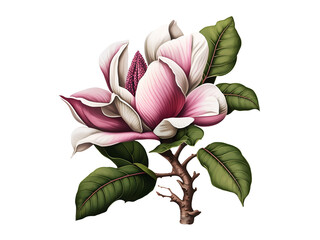 Realistic illustration of pink magnolia flower on isolated white background created with Generative AI technology