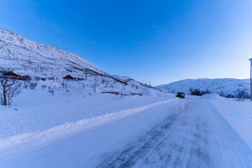 Fototapeta na wymiar snowy road in karvik, tromso