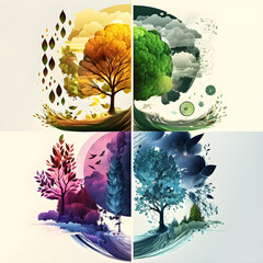 Four seasons of the year, winter, spring, summer, autumn. Illustration. AI generation.