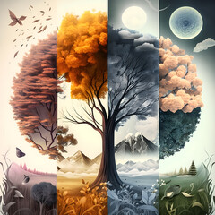 Four seasons of the year, winter, spring, summer, autumn. Changes in nature. Illustration. AI generation.