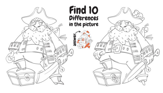 Pirate. Find 10 differences in the picture. Educational game for children. Choose correct answer. Coloring book. Cartoon characters. Funny vector illustration. Isolated white background