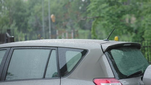 heavy summer raindrops fall car roof surface. rainy weather rain drops knock brown car vehicle roof. stormy weather city. water falling car surface. weather conditions during traveling concept storm