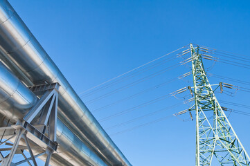 Pipeline against the blue sky and clouds, bottom view