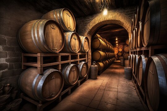 Wine cellar with array of oak barrels. Underground winery cellar. Generative AI
