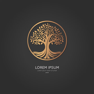 Golden abstract tree emblem on a black background. Modern illustration. Isolated vector. Great for logo, monogram, invitation, flyer, menu, brochure or any desired idea.