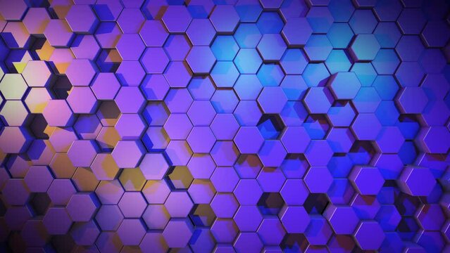 Purple background with moving hexagonal cylinders. Abstract 3D animation. Light and shadows from the soffits. Geometric figures.