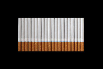 Many cigarettes on a black background. A strong passion for smoking. Harmful to health. Smoking can be harmful to your health. It's a pity for the environment. Health problem, causes cancer. Cigarette