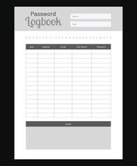 Fototapeta na wymiar Password Log Book Template Set. Password Tracker Template. Password Tracker Logbook. password notebook. Printable Password Log A4 Size Easily Editable. Minimalist planner
