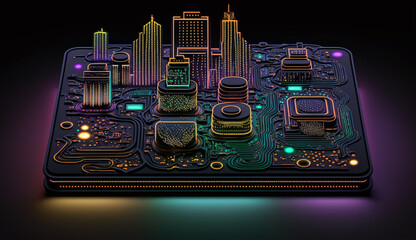 Microchip plate, depicting the complexity and beauty of modern technologies, represented as vibrant cityscape, with neon lights, Generative AI
