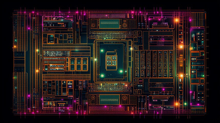 Microchip plate, depicting the complexity and beauty of modern technologies, represented as cityscape at night, with neon lights, Generative AI