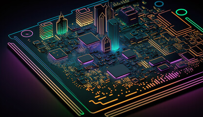 A Microchip plate view, depicting beauty of modern technologies, represented as cityscape at night, with colorful neon lights, Generative AI