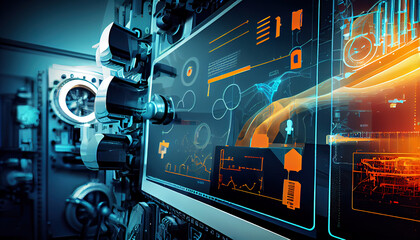 Fototapeta premium Industrial 4.0, AI generated, close up of modern factory machinery with robotic hand