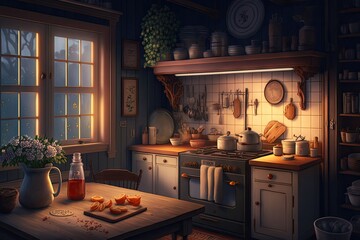 a warmly lit kitchen, filled with the scents of baking and cooking, brings comfort and tranquility to the evening, created with generative ai