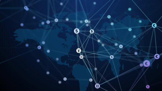 Currency symbols in circles connected by lines move chaotically on dark blue world map background. Looped animation with blurred money coins.