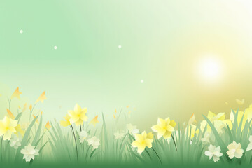 Fototapeta na wymiar Sunlight on Easter flowers on light green gradient background.