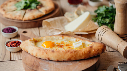 traditional Georgian cuisine, national Georgian food, Khachapuri Georgian cheese bread with egg
