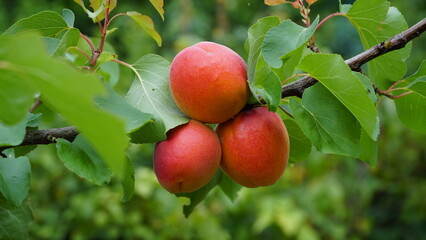 branch with ripe juicy apricots on the tree. Branch of an apricot tree. Large. Without processing