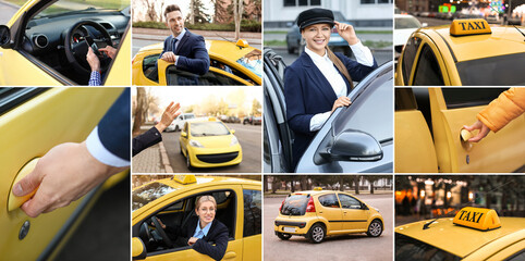 Collage of taxi drivers with cars - obrazy, fototapety, plakaty