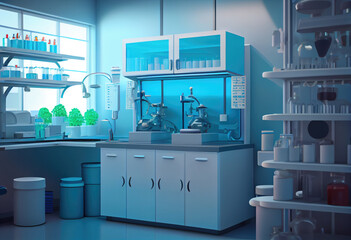 aboratory workplace interior with blurred background. 3d illustration 