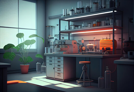 aboratory workplace interior with blurred background. 3d illustration 