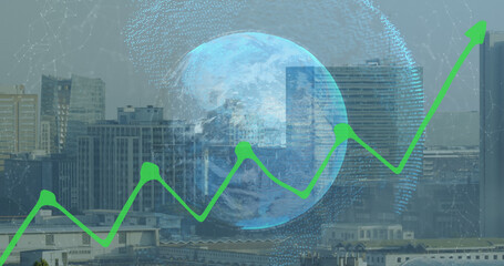 Image of globe and cityscape over data processing