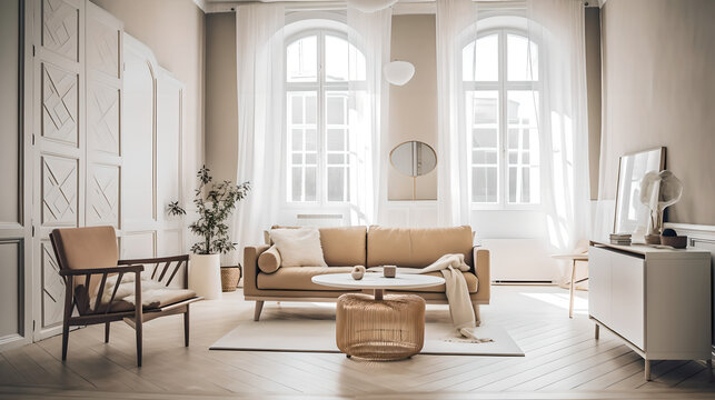 Vintage Scandinavian style living room 3d render (ai generated)