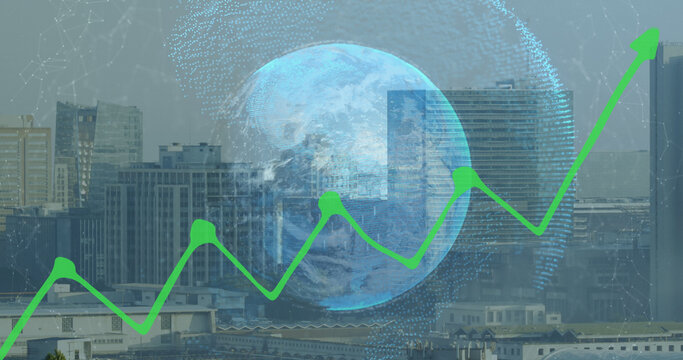 Image of globe and cityscape over data processing