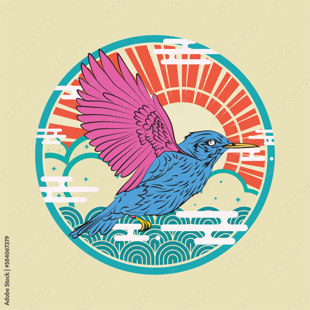 Sticker phoenix illustration with japanese style background