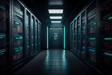 3D rendering of a modern high-tech server room with powerful database and computing storage capabilities.