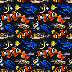 Seamless pattern with colorful marine life. Tropical fish. Background for textiles, fabrics, wrapping paper, souvenirs and other designs